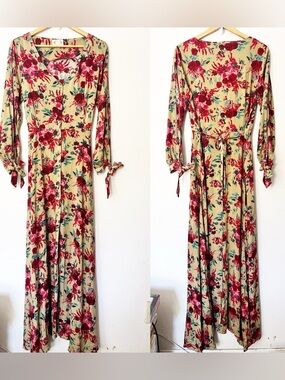 Joyfolie Mia Joy Floral Maxi Dress Sz L Button Front Long Sleeve Boho Cottagecor